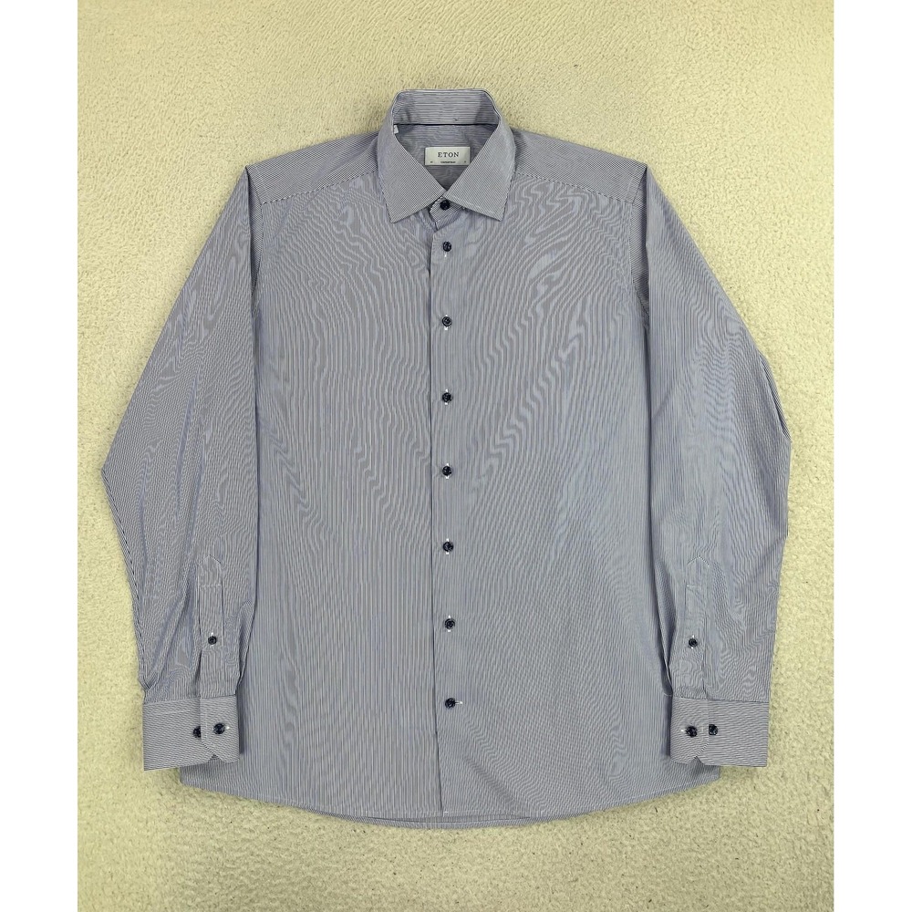 Eton Dress Shirt Mens 17 34/35 Blue Stripe Contemporary Cotton Romania LS